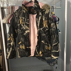 Camouflage Puffer Jacket with Pink Lining